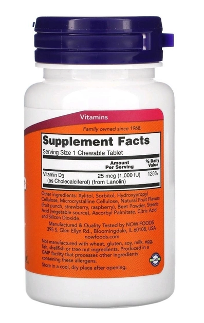 Now Foods Жувальний вітамін D3 натуральний фруктовий смак (1000 МО) 180 жувальних таблеток - Image 2