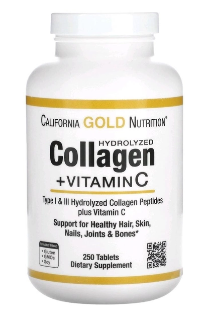 Пептиди гідролізованого колагену типів 1 та 3 плюс вітамін С California Gold Nutrition 250 таблеток