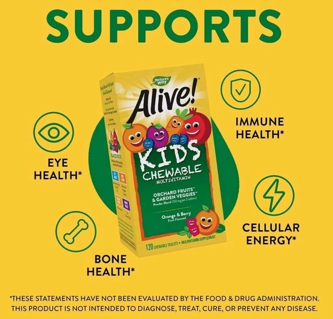 Alive! жувальні мультивітаміни для дітей Nature's Way зі смаком апельсина та ягід 120 жувальних таблеток - Image 6