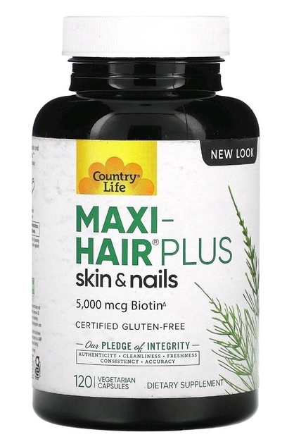 Високоефективний комплекс для волос Maxi-Hair Plus Country Life 5000 мкг 120 вегетаріанських капсул (1250 мкг в 1 капсулі)
